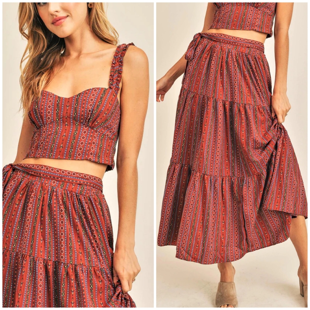 RESET by Jane Aspyn Boho Chic Rust 2-Piece Tiered Maxi Skirt Set - Picture 2 of 6